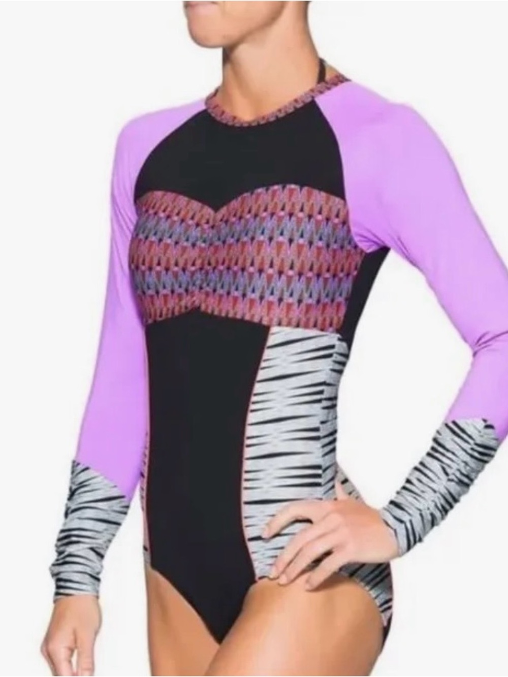 Athleta Purple & Black Long Sleeve Patterned One-Piece rashguard